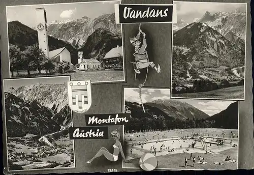 Vandans Vorarlberg Gesamtansicht mit Alpenpanorama Kirche Schwimmbad Wappen Karikatur Kat. Vandans