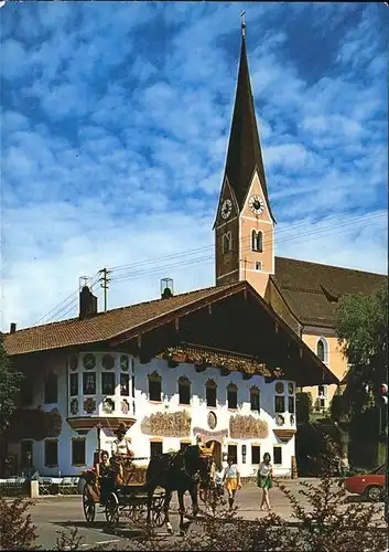 Bernau Chiemsee Gasthof "Zum alten Wirt" Fassadenmalerei Pferdekutsche Kirche Kat. Bernau a.Chiemsee