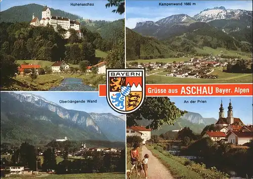 Aschau Chiemgau Schloss Hohenaschau Kampenwand ueberhaengende Wand Partie an der Prien Kirche Wappen Kat. Aschau i.Chiemgau