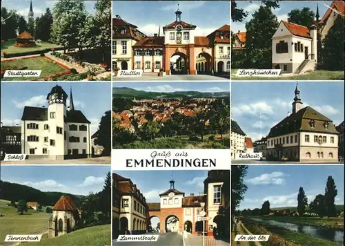 Emmendingen Stadtgarten Stadttor Lenzhaeuschen Schloss Tennenbach Kapelle Lammstrasse Partie an der Elz Rathaus Kat. Emmendingen