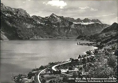 Filzbach Blick von der Kerenzerstrasse auf den Walensee Sichelkamm und Alvierkette Eisenbahn Kat. Filzbach