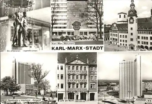 Karl Marx Stadt Jugendbrunnen Marx Monument Markt Stadthalle Interhotel Cafe am Markt Kat. Chemnitz
