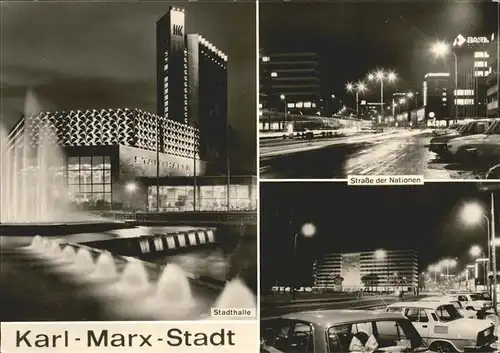 Karl Marx Stadt bei Nacht Stadthalle Strasse der Nationen  Kat. Chemnitz