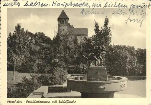 Pforzheim Dreitaelerbrunnen mit Schlosskirche Kat. Pforzheim