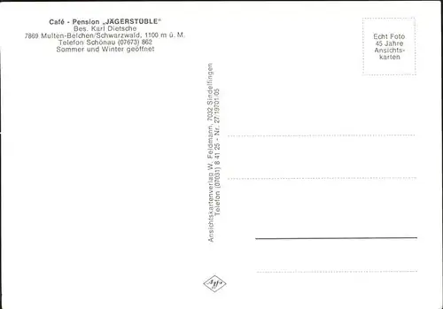 Multen Cafe Pension Jaegerstueble mit Belchen und Brenntkopf Kat. Aitern