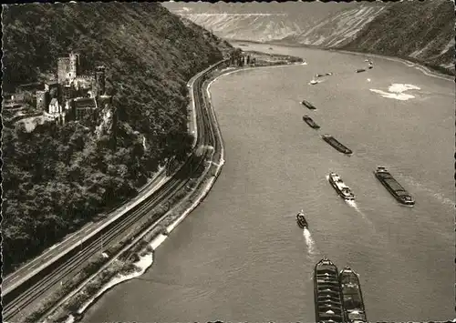 Trechtingshausen Burg Rheinstein Lastkaehne auf dem Rhein Fliegeraufnahme Kat. Trechtingshausen