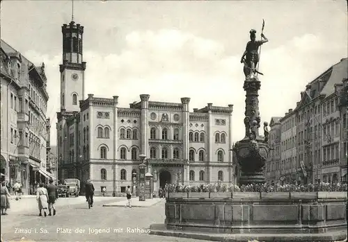 Zittau Platz der Jugend mit Rathaus und Brunnen Kat. Zittau