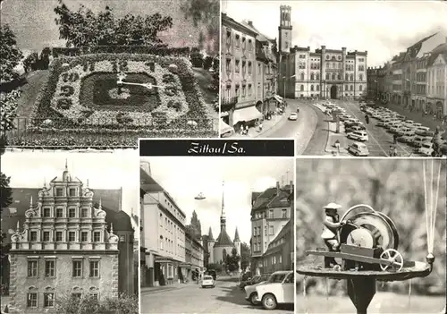 Zittau Schleifermaennelbrunnen Blumenuhr Platz der Jugend Heftergiebel Volkshaus und Weberkirche Kat. Zittau