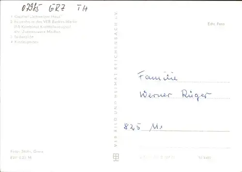 Schoenbach Greiz Gasthof Schweizer Haus Ferienheim VEB Barkas Werke Kindergarten Kat. Vogtlaendisches Oberland