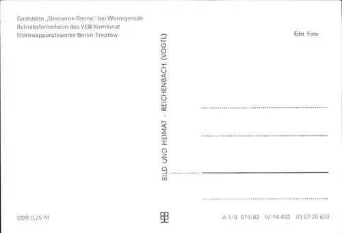 Wernigerode Harz Gaststaette Steinerne Renne Betriebsferienheim VEB Kombinat Elektroapparatewerke Berlin Treptow Bach Bruecke Kat. Wernigerode