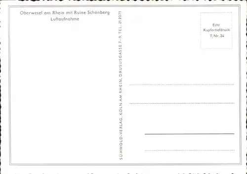 Oberwesel Rhein mit Ruine Schoenberg Fliegeraufnahme Kupfertiefdruck / Oberwesel /Rhein-Hunsrueck-Kreis LKR