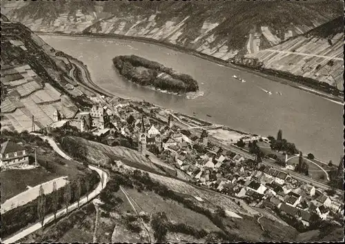 Bacharach Rhein mit Burg Stahleck Insel Fliegeraufnahme Kupfertiefdruck Kat. Bacharach