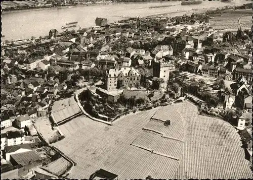 Bingen Rhein mit Burg Klopp Fliegeraufnahme Kupfertiefdruck Kat. Bingen am Rhein