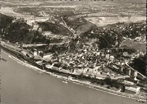 Ehrenbreitstein mit Festung Rhein Fliegeraufnahme Kupfertiefdruck Kat. Koblenz