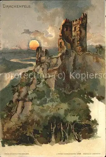 Drachenfels Burg Kuenstlerkarte Sonnenuntergang Kat. Koenigswinter
