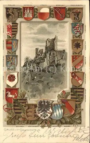 Drachenfels Burgruine Wappen Praegedruck Kat. Koenigswinter