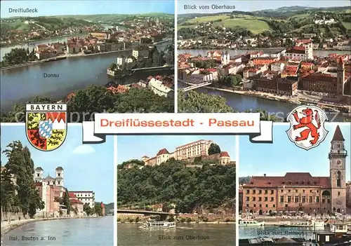 Passau Dreifluessestadt Wappen Donau Italienische Bauten am Inn Oberhaus Rathaus Dreiflusseck Kat. Passau