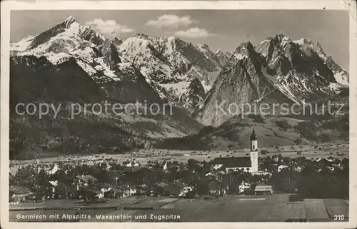 Garmisch Partenkirchen mit Alpspitze Waxenstein und Zugspitze Kat. Garmisch Partenkirchen