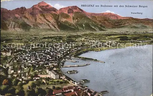 Bregenz Vorarlberg Panorama mit Schweizer Bergen Bodensee Hafen Kat. Bregenz