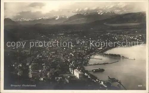 Bregenz Vorarlberg Panorama mit Schweizer Bergen Bodensee Hafen Kat. Bregenz