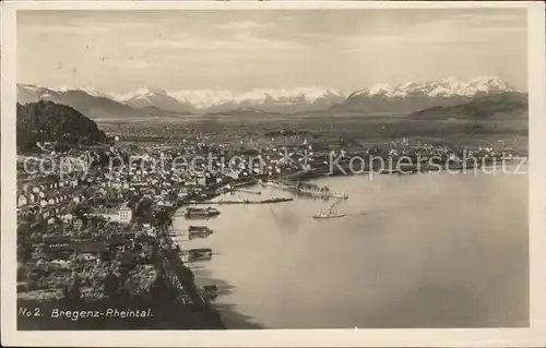 Bregenz Vorarlberg Panorama Rheintal mit Schweizer Bergen Bodensee Hafen Kat. Bregenz