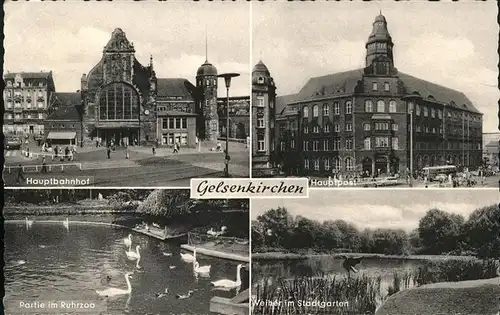 Gelsenkirchen Hauptbahnhof Hauptpost Ruhrzoo Schwanenteich Weiher Stadtgarten Kranich Kat. Gelsenkirchen