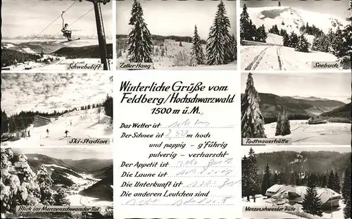 Feldberg Schwarzwald Skigebiete Wintersportplatz Schwebelift Zeller Hang Seebuck Ski Stadion Menzenschwander Tal Huette Todtnauerhuette Kat. Feldberg (Schwarzwald)