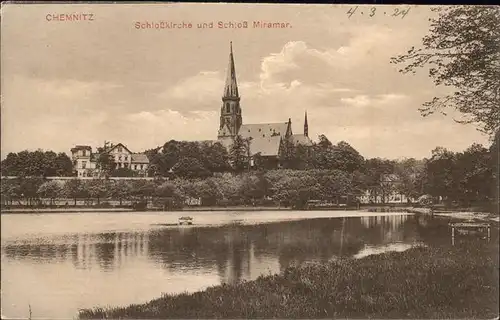 Chemnitz Schlosskirche und Schloss Miramar Uferpartie Kat. Chemnitz