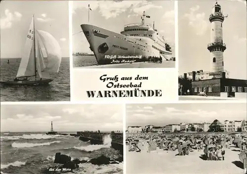 Warnemuende Ostseebad Leuchtturm FDGB Urlauberschiff Fritz K. Mole Kat. Rostock