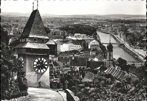 Graz Steiermark Uhrturm Blick gegen Sueden Mur Bruecke Kat. Graz