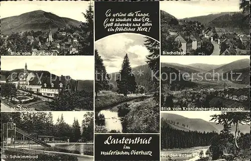 Lautenthal Harz Blick vom Bromberg Marktplatz Schwimmbad Bischofstal Innerstetal vom Kranichsberg Rote Klippen Bachlauf Gedicht Kat. Langelsheim