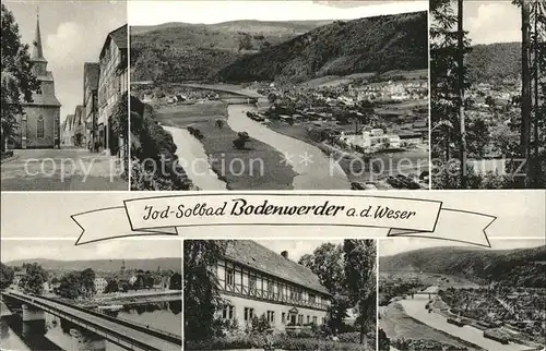 Bodenwerder Partie an der Kirche Blick ueber die Weser Bruecke Muenchhausens Geburtshaus Jod Solbad Kat. Bodenwerder