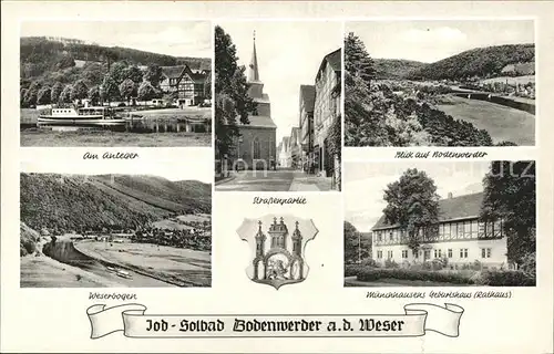 Bodenwerder Boot Anleger Strassenpartie Kirche Weserbogen Muenchhausens Geburtshaus Rathaus Jod Solbad Kat. Bodenwerder