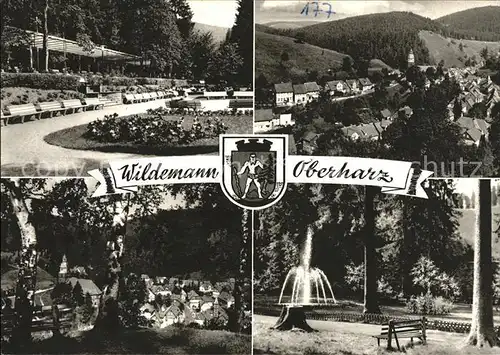 Wildemann Kurpark Ortsansicht mit Kirche Fontaene Hoehenluftkurort Kat. Wildemann Harz