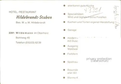 Wildemann Hotel Pension Hildebrandt Stuben Hoehenluftkurort Kat. Wildemann Harz