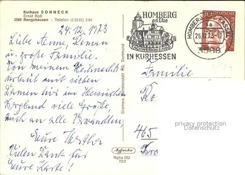 Rengshausen Hessen Kurhaus Sonneck Restaurant Zimmer Kat. Knuellwald