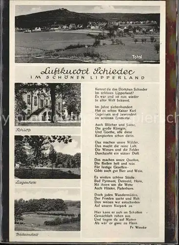 Schieder Totalansicht Luftkurort Schloss Kurpark Liegewiese Badeanstalt Gedicht Fr. Wienke Kat. Schieder Schwalenberg