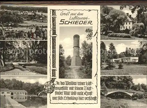 Schieder Gesamtansicht Kurpark Schwanenteich Schwimmbad Kahlenbergturm Schloss Wandelhalle Emmerbruecke Siegel Kat. Schieder Schwalenberg