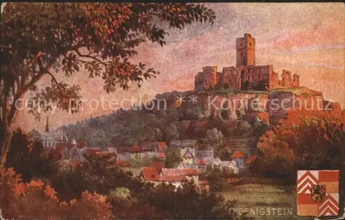 Koenigstein Taunus Kuenstlerkarte Panorama mit Burg Wappen Kat. Koenigstein im Taunus