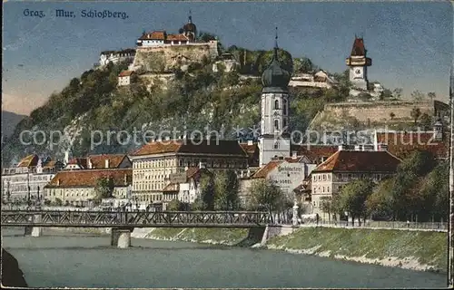 Graz Steiermark Partie an der Mur Bruecke Schlossberg mit Uhrturm Kat. Graz