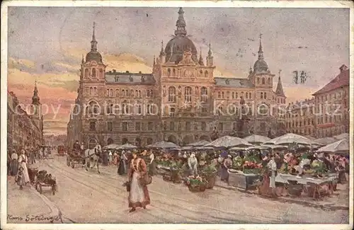 Graz Steiermark Rathaus mit Herrengasse und Pfarrkirche Markt Kuenstlerkarte Hans Goetzinger Kat. Graz