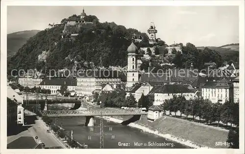 Graz Steiermark Partie an der Mur Bruecke Schlossberg Uhrturm Kat. Graz