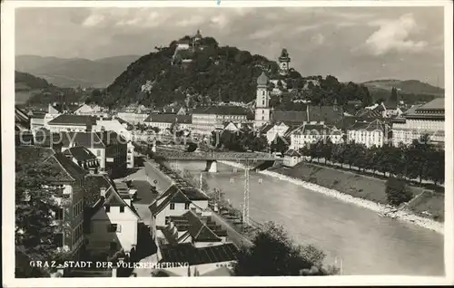 Graz Steiermark Partie an der Mur Bruecke Schlossberg Uhrturm Stadt der Volkserhebung Kat. Graz