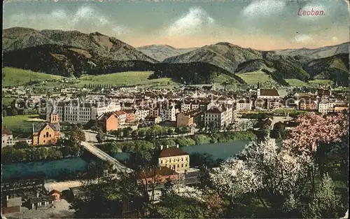 Leoben Gesamtansicht mit Alpenpanorama Mur Bruecke Kat. Leoben