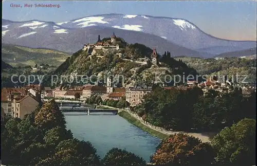 Graz Steiermark Stadtansicht mit Mur Bruecke und Schlossberg Uhrturm Kat. Graz