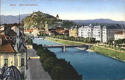 Graz Steiermark Uferweg an der Mur Bruecke Schlossberg Uhrturm Kat. Graz