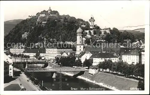 Graz Steiermark Uferpartie an der Mur Bruecke Schlossberg Uhrturm Kat. Graz