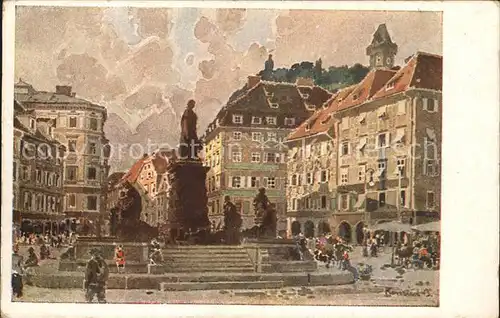 Graz Steiermark Hauptplatz Denkmal Schlossberg Uhrturm Kuenstlerkarte Kat. Graz