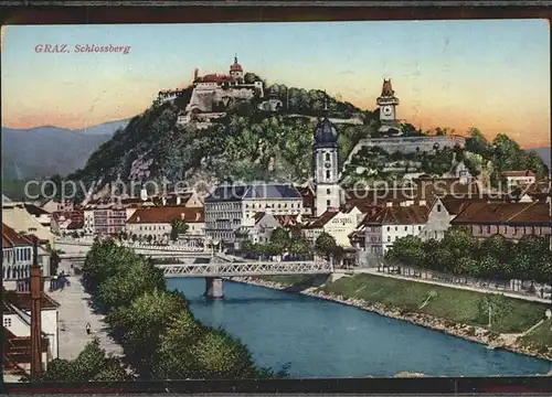 Graz Steiermark Uferweg an der Mur Bruecke Schlossberg Uhrturm Kat. Graz