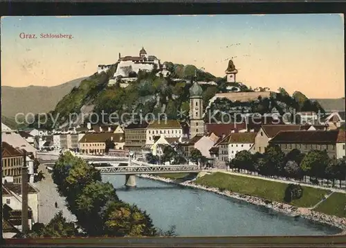 Graz Steiermark Uferweg an der Mur Bruecke Schlossberg Uhrturm Kat. Graz